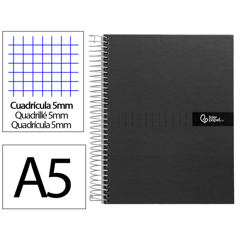 Cuaderno espiral liderpapel a5 micro crafty tapa forrada 120h 90gr cuadro 5mm 5 bandas 6 taladros color negro