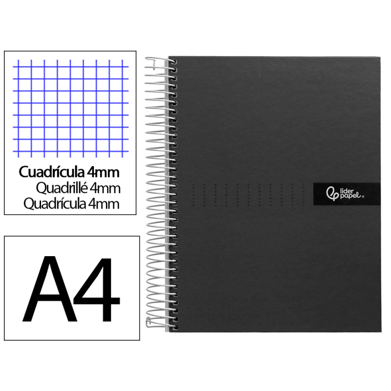 Cuaderno espiral liderpapel a4 crafty tapa forrada 80h 90gr cuadro 4mm con margen color negro