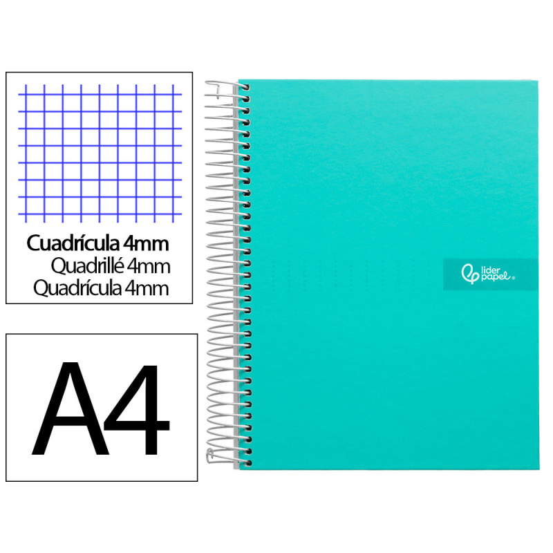 Cuaderno espiral liderpapel a4 crafty tapa forrada 80h 90gr cuadro 4mm con margen color turquesa