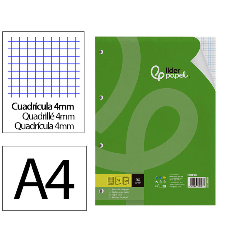 Recambio liderpapel a4 120 hojas 90gr cuadro 4mm 4 taladros bandas de 5 colores