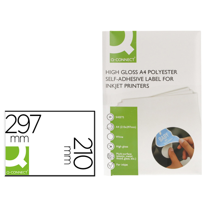 Etiqueta adhesiva q-connect poliester a4 blanco alto brillo para impresoras inkjet pack con 20 hojas