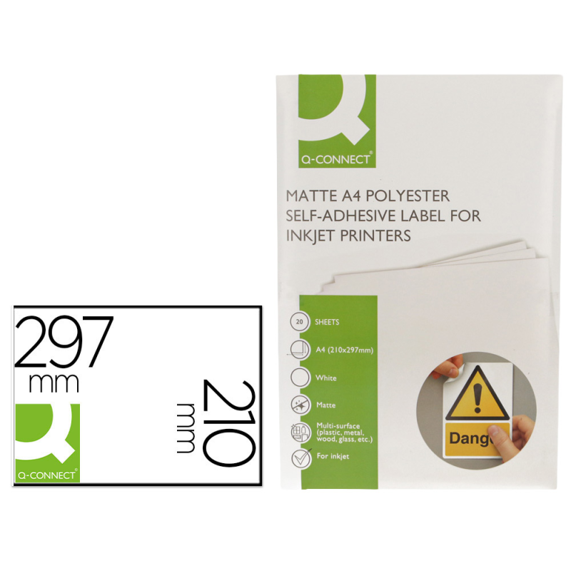 Etiqueta adhesiva q-connect poliester a4 blanco mate para impresoras inkjet pack con 20 hojas