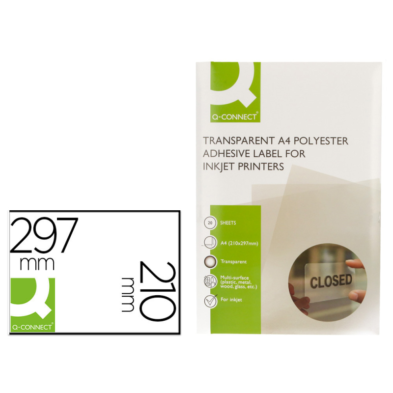Etiqueta adhesiva q-connect poliester a4 transparente para impresoras inkjet pack con 20 hojas