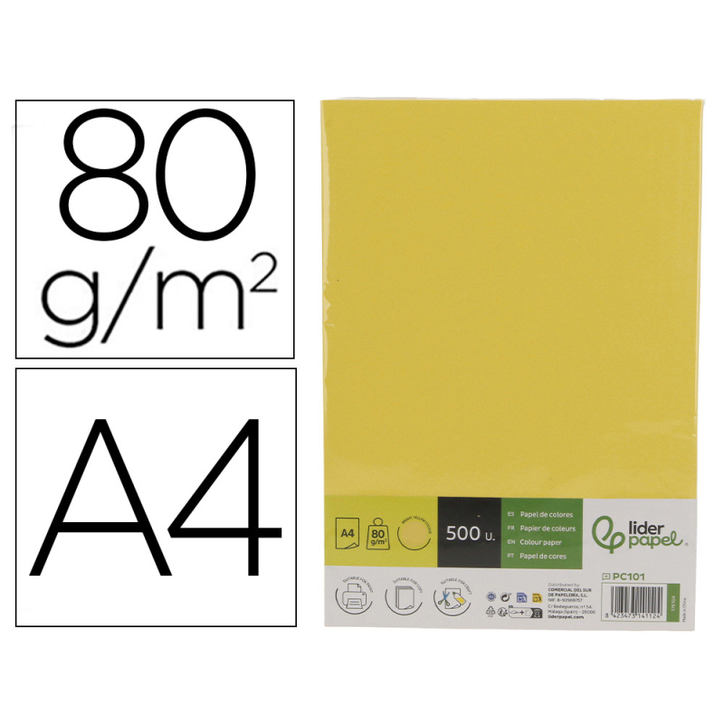 Papel color liderpapel din a4 80 gr amarillo intenso paquete de 500 hojas