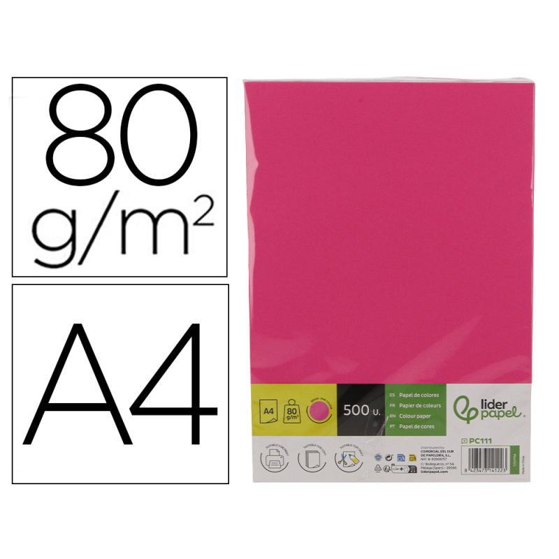 Papel color liderpapel din a4 80 gr rosa intenso paquete de 500 hojas