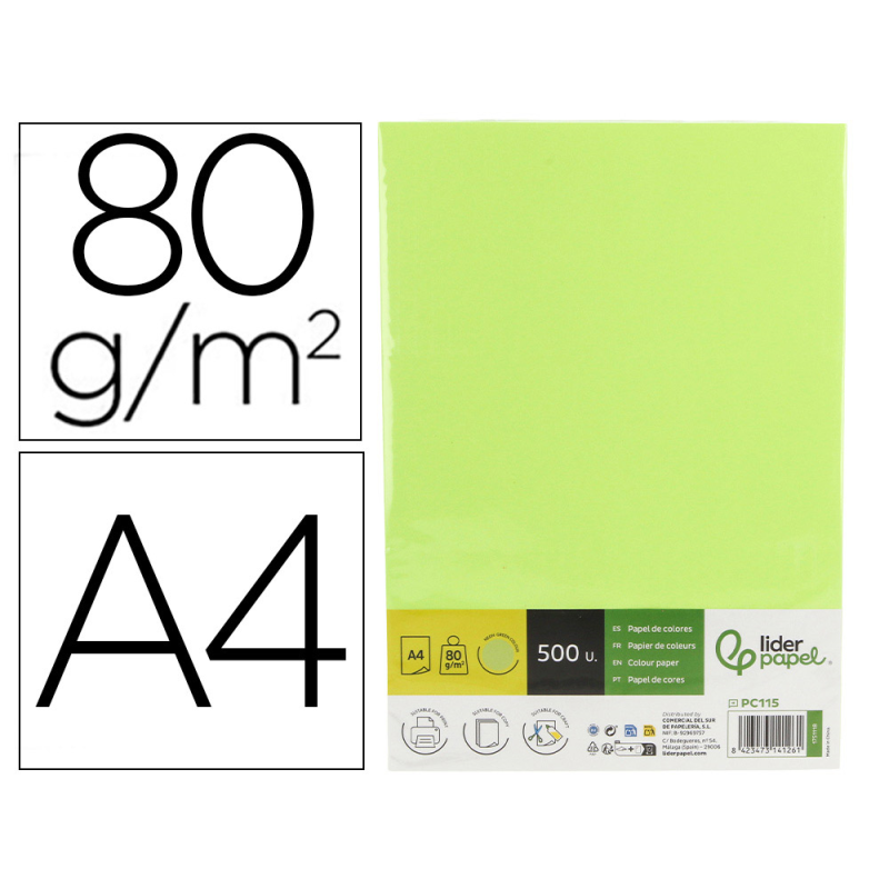 Papel color liderpapel din a4 80 gr verde neon paquete de 500 hojas