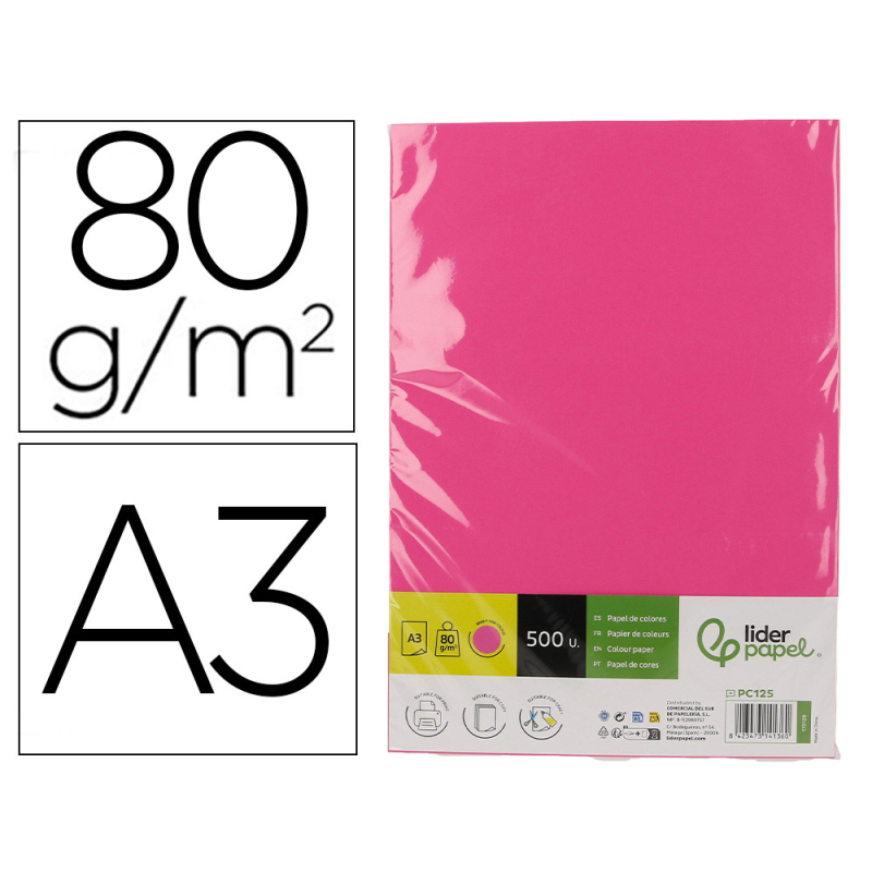 Papel color liderpapel din a3 80 gr rosa intenso paquete de 500 hojas