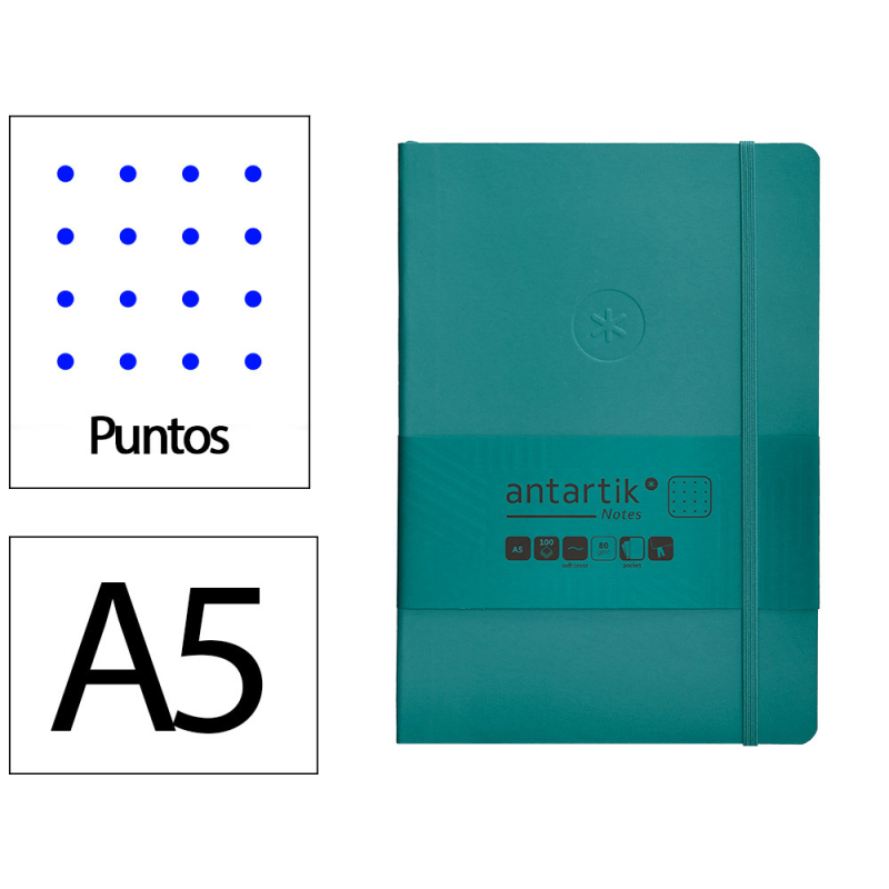 Cuaderno con gomilla antartik notes tapa blanda a5 hojas puntos verde aguamarina 80 hojas 80 gr fsc
