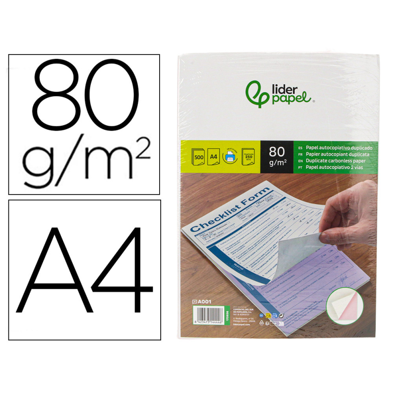 Papel autocopiativo liderpapel a4 prealzado duplicado blanco y rosa 80 g 500 hojas (250 juegos)