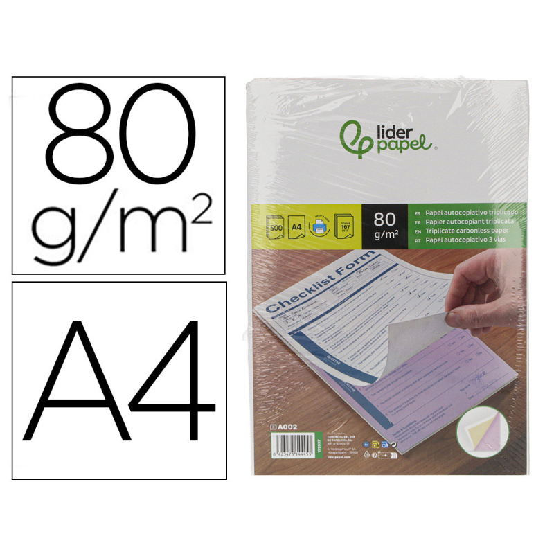 Papel autocopiativo liderpapel a4 prealzado triplicado blanco amarillo y rosa 80 g 500 hojas (167