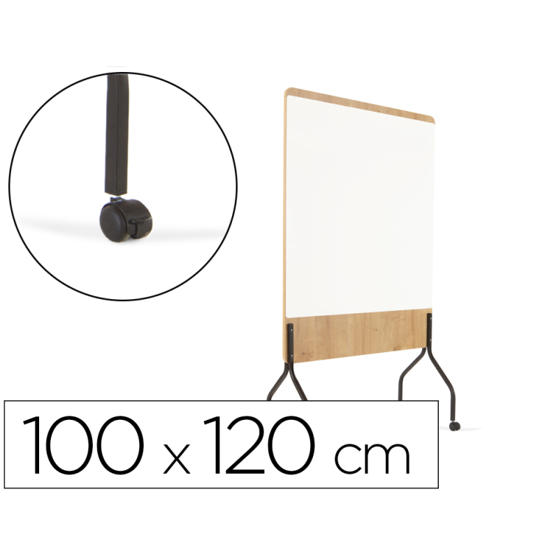 Pizarra blanca rocada doble cara lacada magnetica tablero melamina roble base con 4 ruedas 92x125 cm