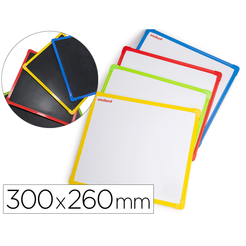 Pizarra blanca miniland metalica magentica doble cara marco de plastico 300x260 mm set de 4 unidades
