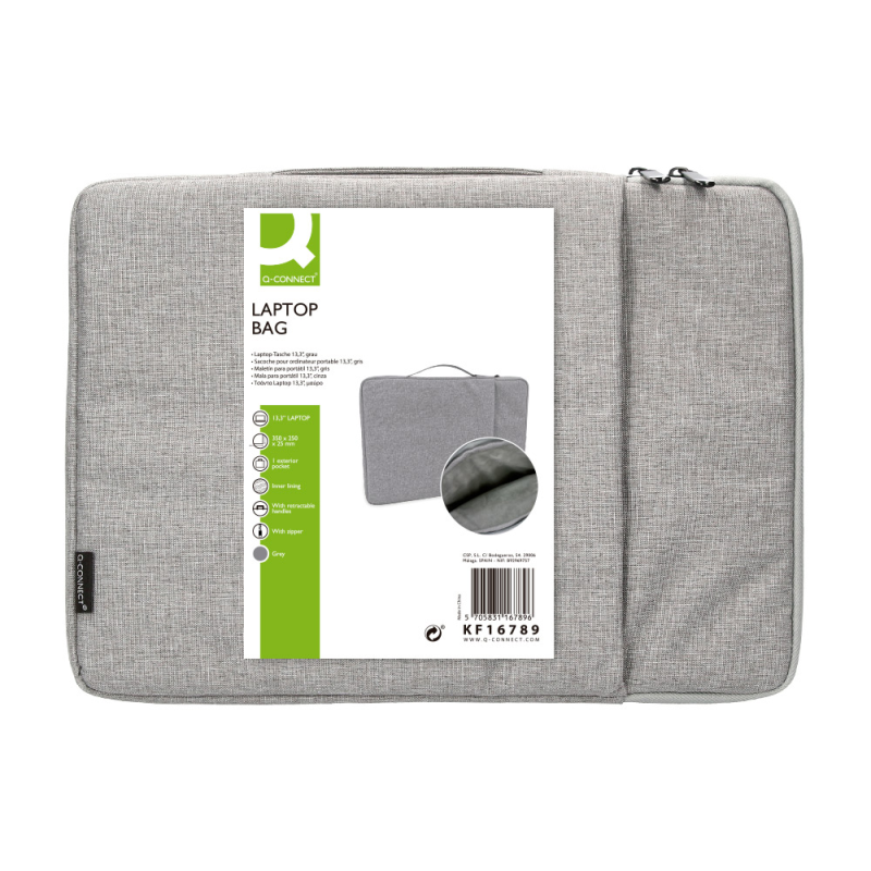 Funda para portatil q-connect 13,3/' con asa 1 bolsillo exterior con cremallera color gris 350x250x25 mm