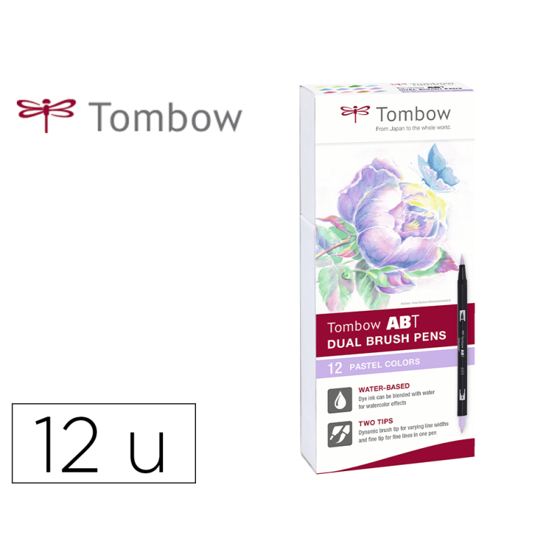 Rotulador tombow abt dual brush acuarelable doble punta fina/pincel estuche de 12 unidades colores pastel