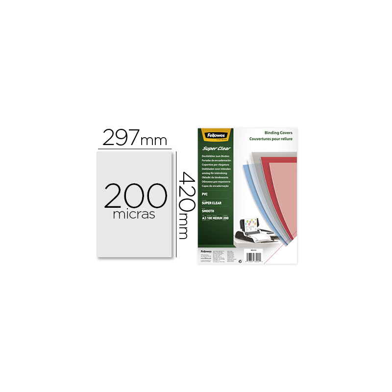 Tapa de encuadernacion fellowes din a3 pvc transparente cristal 200 micras pack de 100 unidades