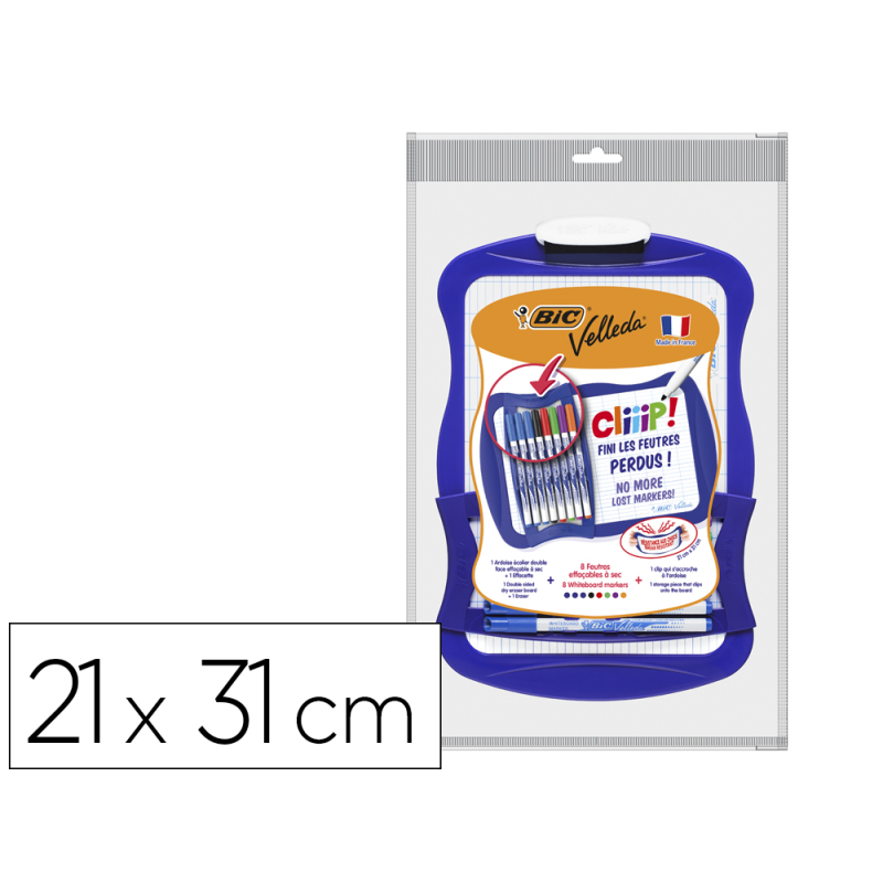 Pizarra blanca bic velleda cliiip doble cara cuadriculaday lisa con 8 rotuladores colores surtidos 21x31 cm