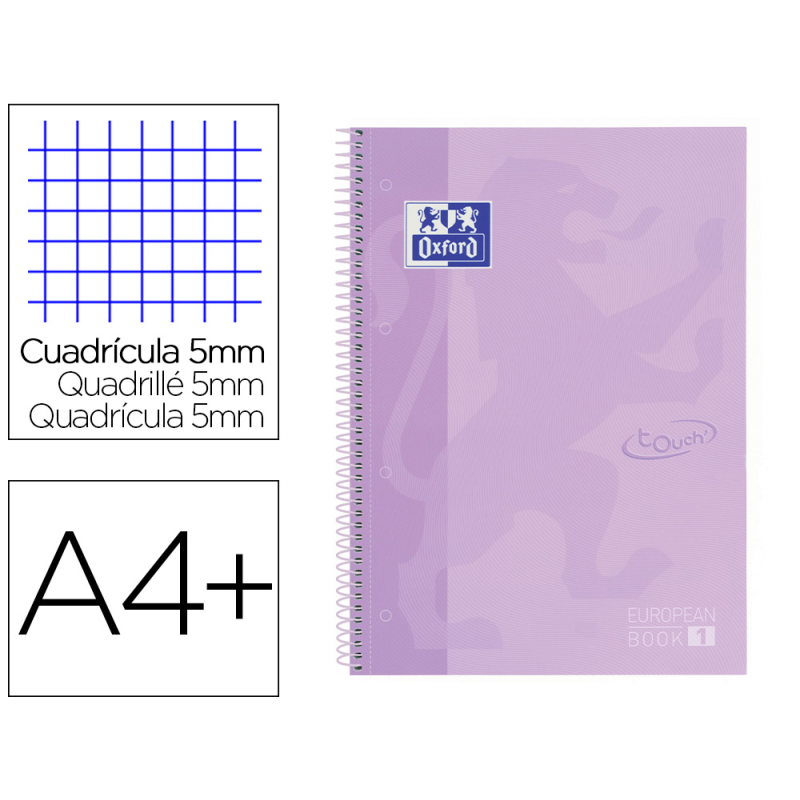 Cuaderno espiral oxford ebook 1 school touch te din a4+ 80 hojas cuadro 5 mm con margen malva pastel