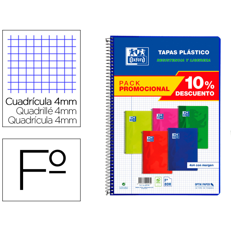 Cuaderno espiral oxford tapa plastico folio 80 hojas cuadro 4 mm pack 5 unidades colores vivos