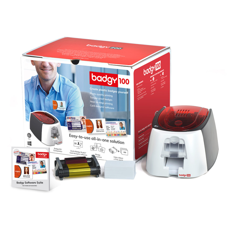 Impresora de tarjeta badgy 100 incluye cinta 50 tarjetas y programa edicion badge studio