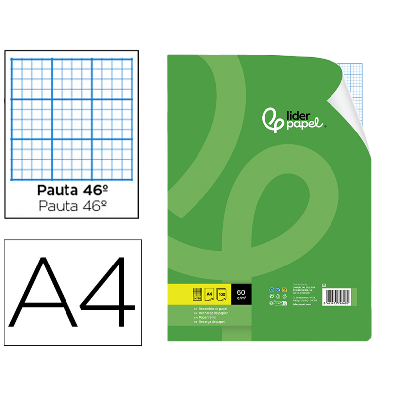 Recambio liderpapel a4 100 hojas 60gr rayado nº 46 4 taladros