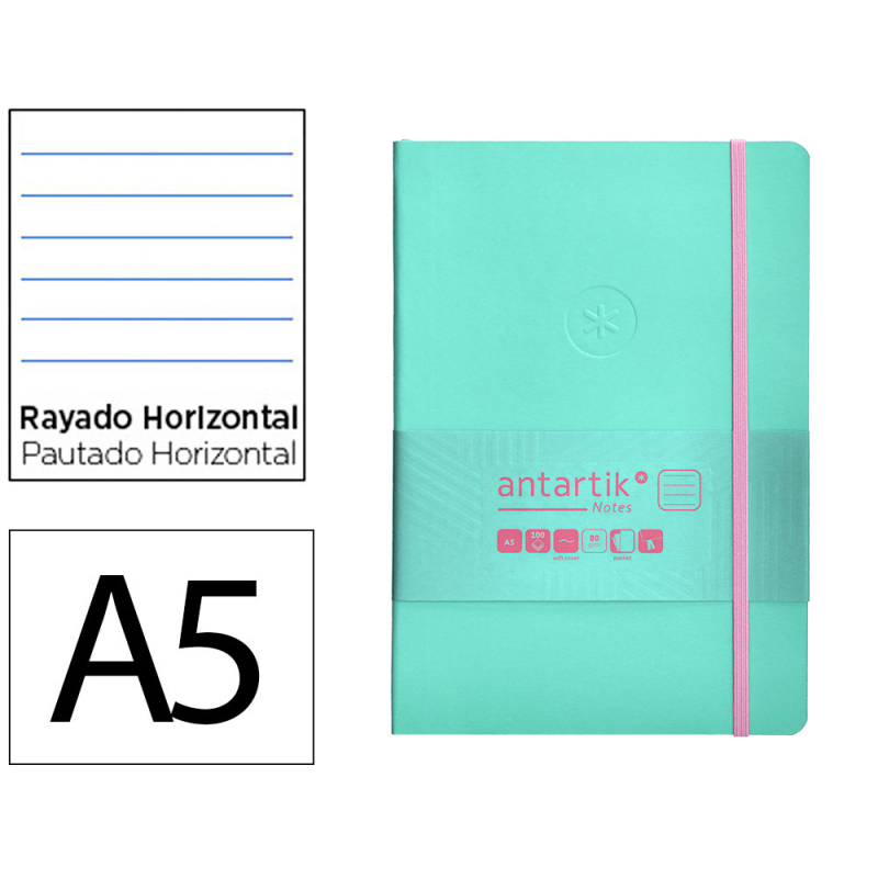 Cuaderno con gomilla antartik notes tapa blanda a5 hojas rayas rosa y turquesa 80 hojas 80 gr fsc