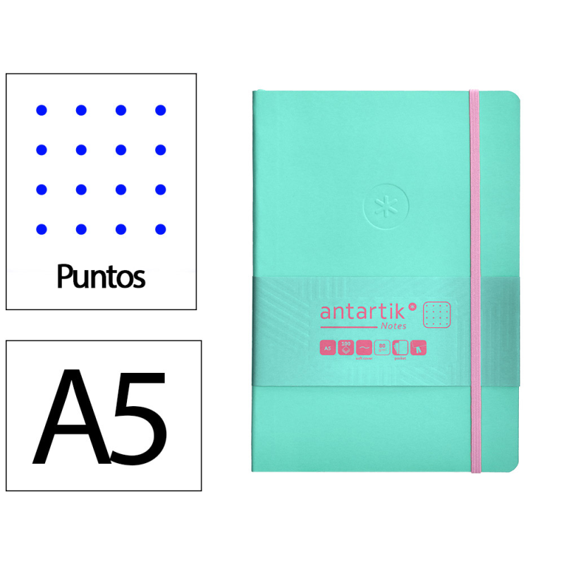 Cuaderno con gomilla antartik notes tapa blanda a5 hojas puntos rosa y turquesa 80 hojas 80 gr fsc