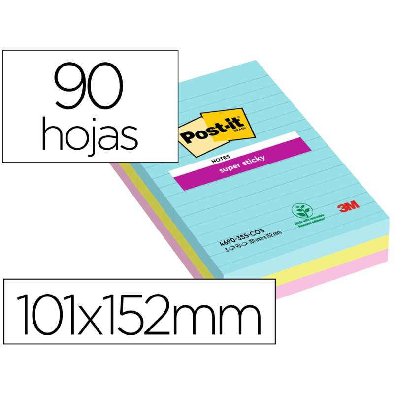 Bloc de notas adhesivas quita y pon post-it super sticky cosmic rayado 90 hojas 101x152 mm paquete de 3 unidades