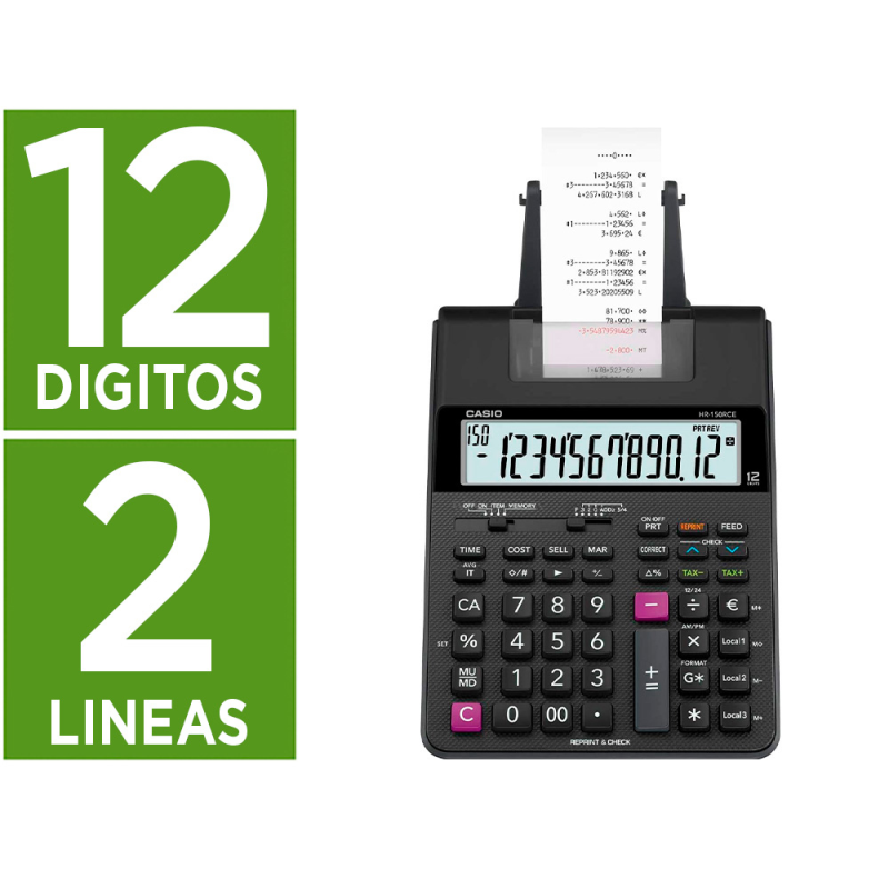 Calculadora casio hr-150rce impresora pantalla lc papel 58 mm impresion bicolor 12 digitos ac/dc color negro