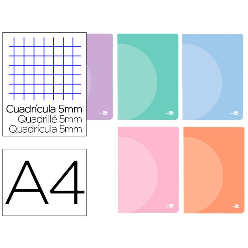 Libreta liderpapel 360 tapa de plastico a4 48 hojas 90gr cuadro 5mm con doble margen colores pastel