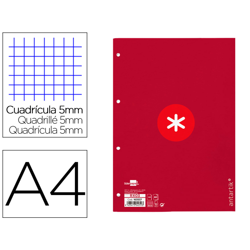 Recambio antartik a4 80 hojas 90gr cuadro 5 mm 4 taladros 1 banda marco color frambuesa