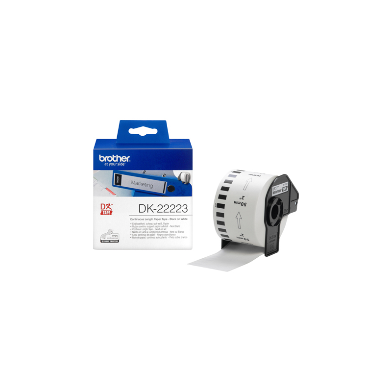 Etiqueta brother dk22223 cinta papel continuo adhesiva removible blanca 50 mm x 30,48 mt