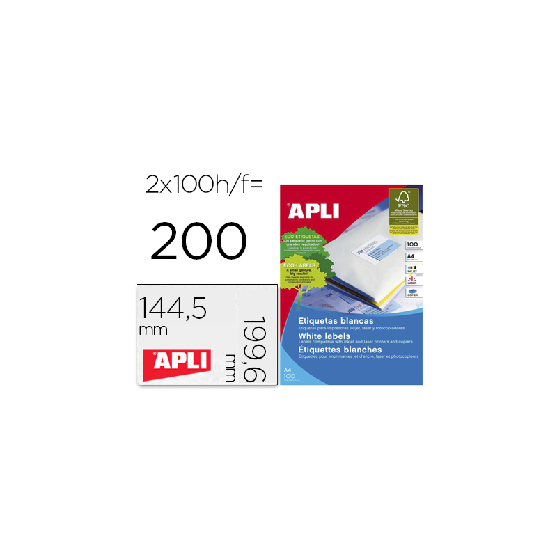 Etiqueta adhesiva apli 2423 tamaño 199,6x144,5 mm fotocopiadora laser ink-jet caja con 100 hojas din a4