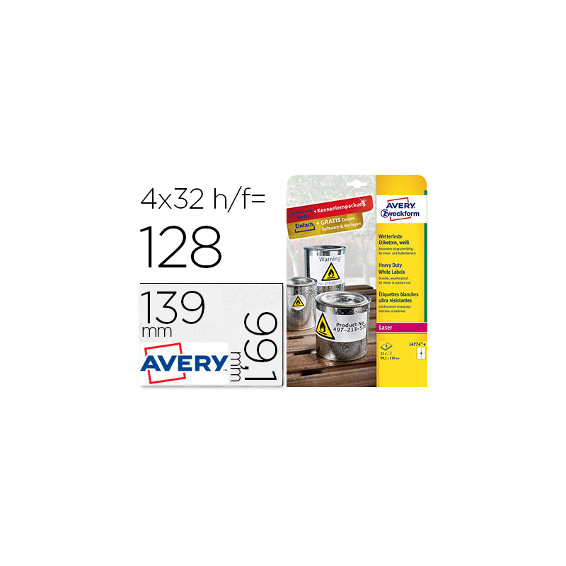 Etiqueta adhesiva resistente avery poliester blanco 99,1x139 mm para impresora laser pack de 32 unidades