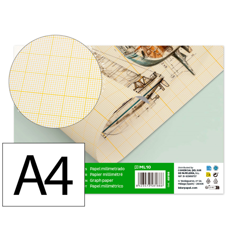 Papel dibujo liderpapel 210x297mm 80g/m2 milimetrado pack de 10 hojas