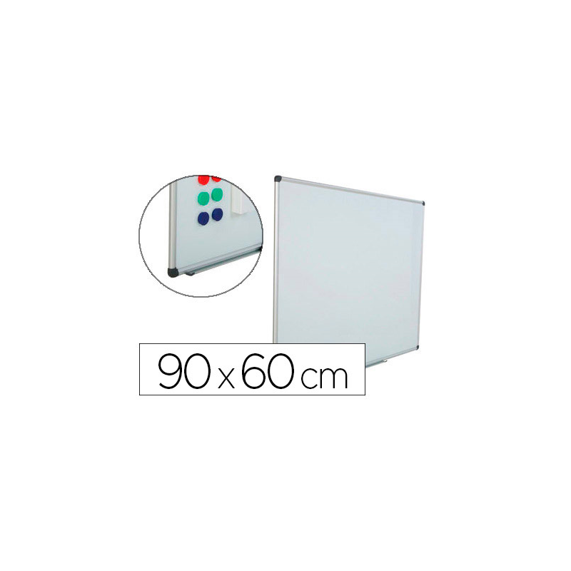 Pizarra blanca rocada acero vitrificado magnetico marco aluminio y cantoneras pvc 90x60 cm incluye bandeja para