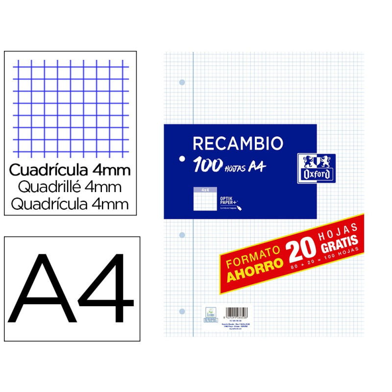 Recambio oxford a4 80 hojas + 20 gratis 90 gr cuadro 4x4 mm con margen