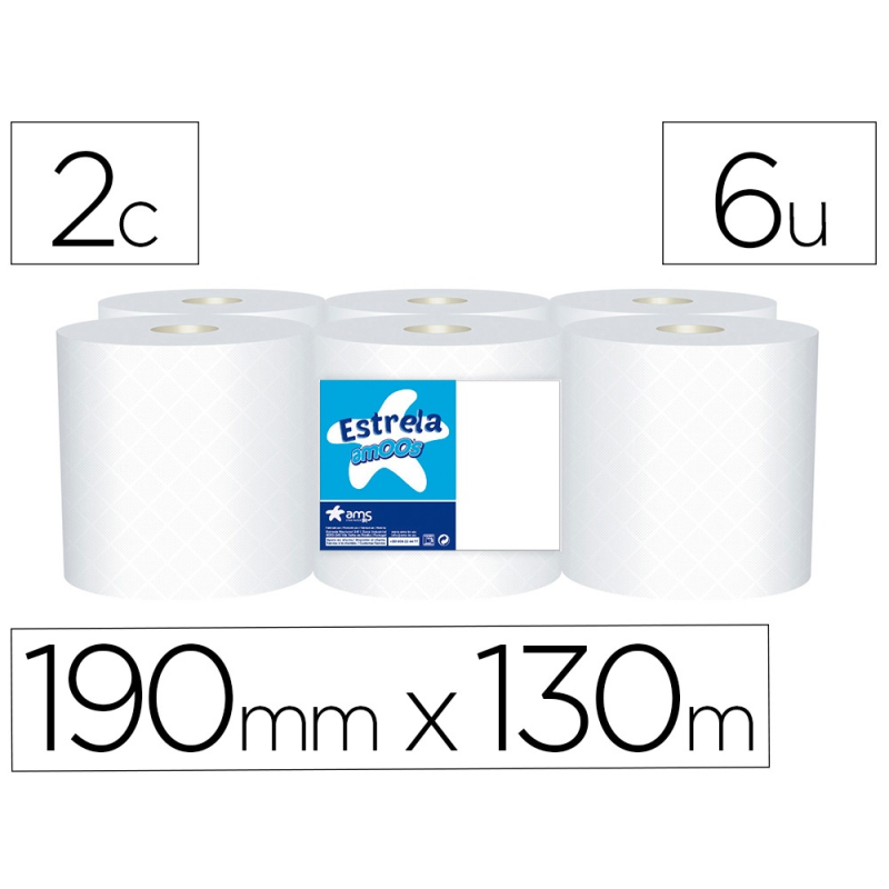 Papel secamanos amoos 2 capas 192 mm x 130 mt paquete de 6 rollos