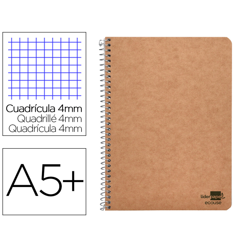 Cuaderno espiral liderpapel a5 ecouse tapa cartulina kraft 80h papel reciclado 80gr cuadro 4mm