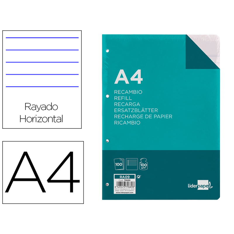 Recambio liderpapel a4 100 hojas 100gr rayado horizontal con margen 4 taladros