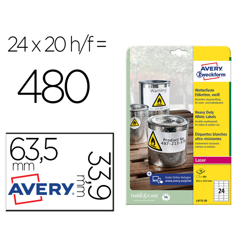 Etiqueta adhesiva resistente avery poliester blanco 3,9 mm 63,5x33,9 mm laser pack de 480unidades