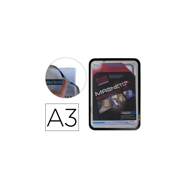 Marco porta anuncios djois magneto din a3 con 4 bandas magneticas en el dorso color negro pack de 2 unidades