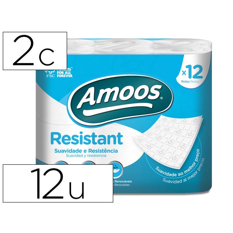 Papel higienico amoos 2 capas 100 mm diametro x 87 mm alto paquete de 12 rollos
