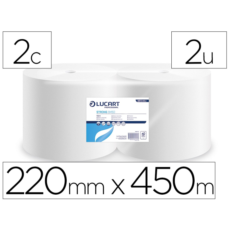 Papel secamanos lucart celulosa virgen 17,5 g 2 capas 220 mm x 450 m paquete de 2 rollos