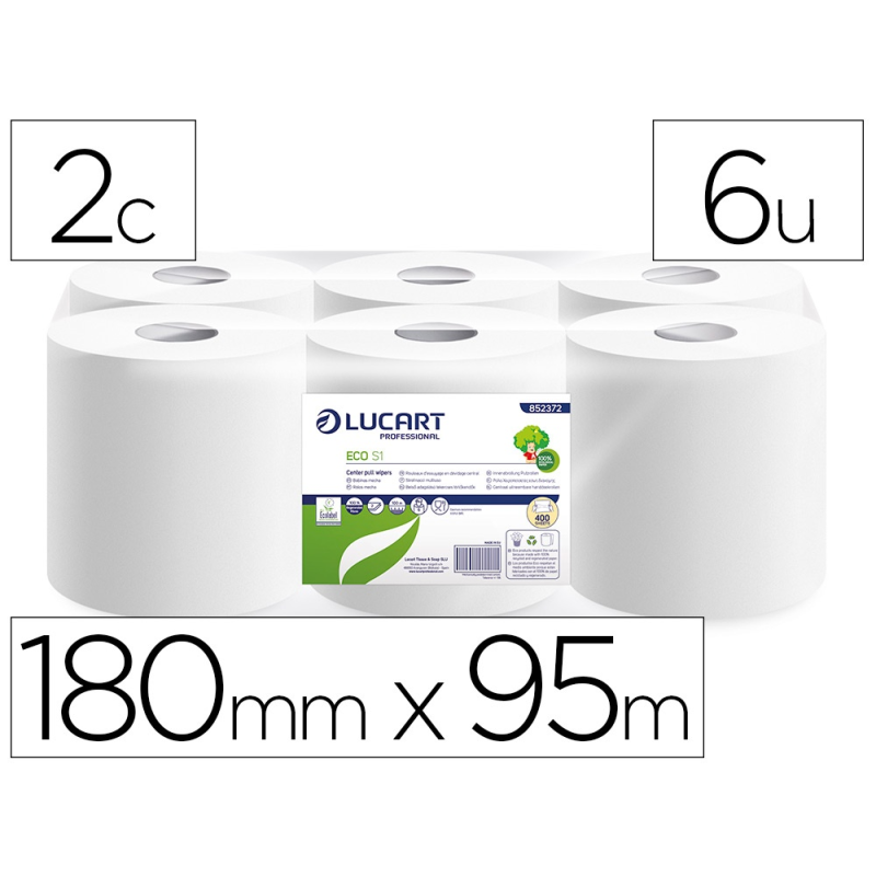 Papel secamanos lucart ecologico 16,5 g 2 capas 180 mm x 95 m paquete de 6 rollos