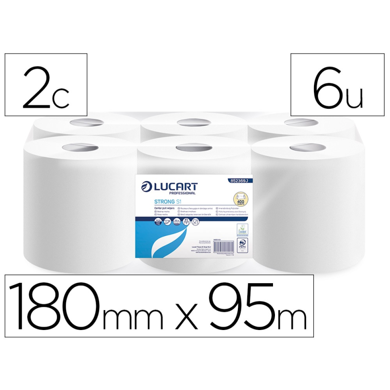 Papel secamanos lucart celulosa virgen 16,5 g 2 capas 180 mm x 95 m paquete de 6 rollos