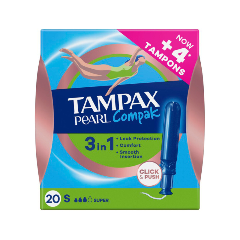 Tampon tampax pearl compak super caja de 20 unidades