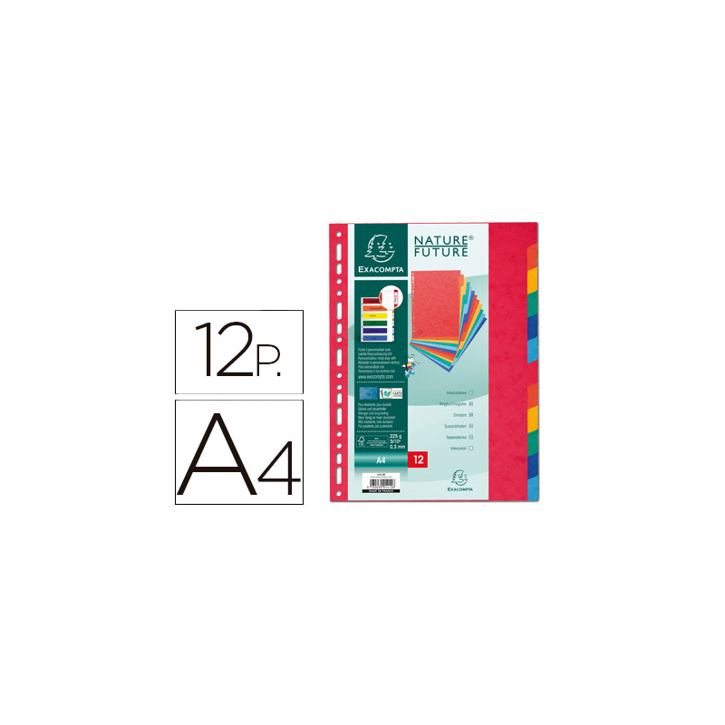Separador exacompta cartulina simil prespan juego de 12 separadores din a4 multitaladro colores vivos