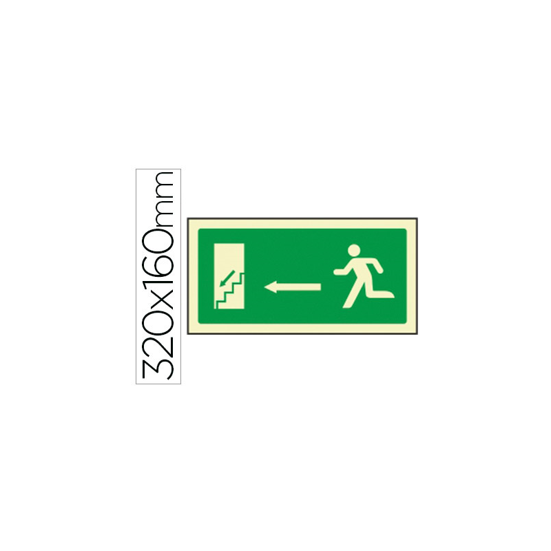 Pictograma syssa señal de salida emergencia izquierda escalera bajando en pvc fotoluminiscente 320x160 mm