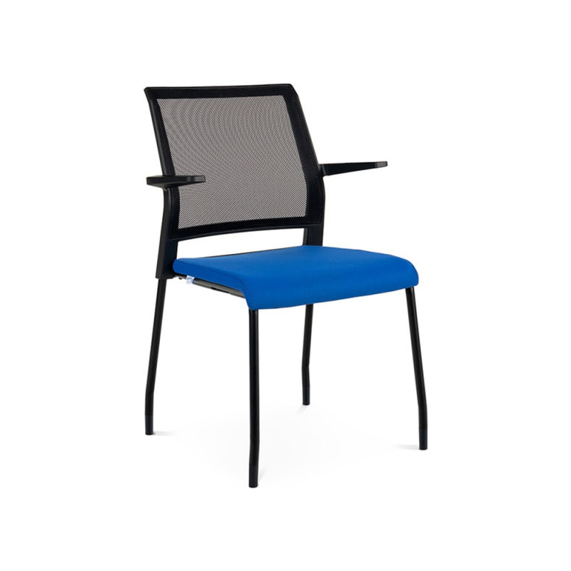 Silla rocada confidente brazos fijos estructura metalica asiento tela ignifuga azul respaldo malla