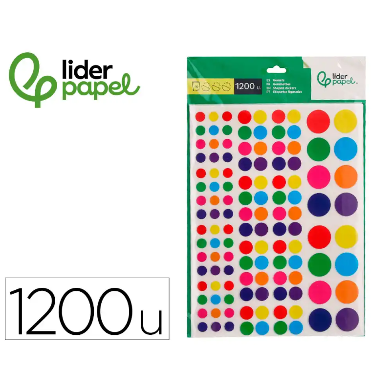 Gomets liderpapel autoadhesivo circulos colores y tamaños surtidos bolsa de 10 hojas 1200 unidades